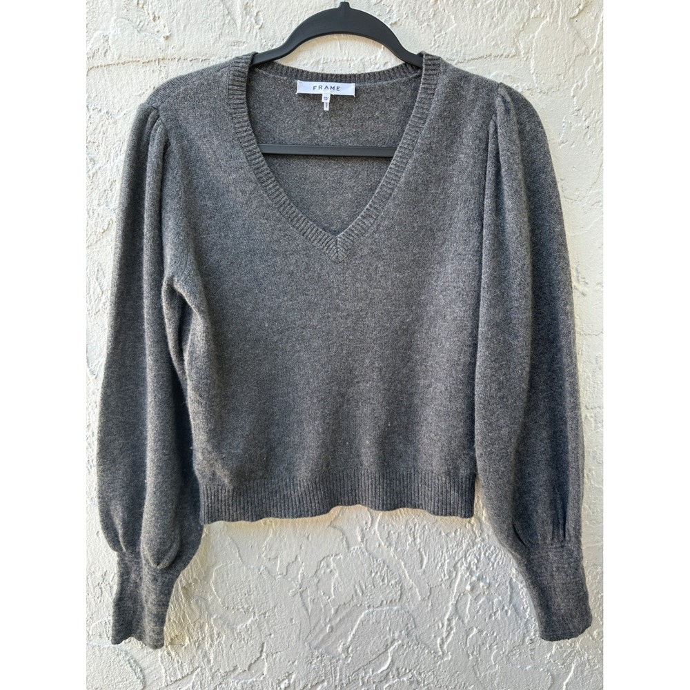 FRAME Cashmere V-Neck Puff Sleeve Sweater Dark Gray Women XS